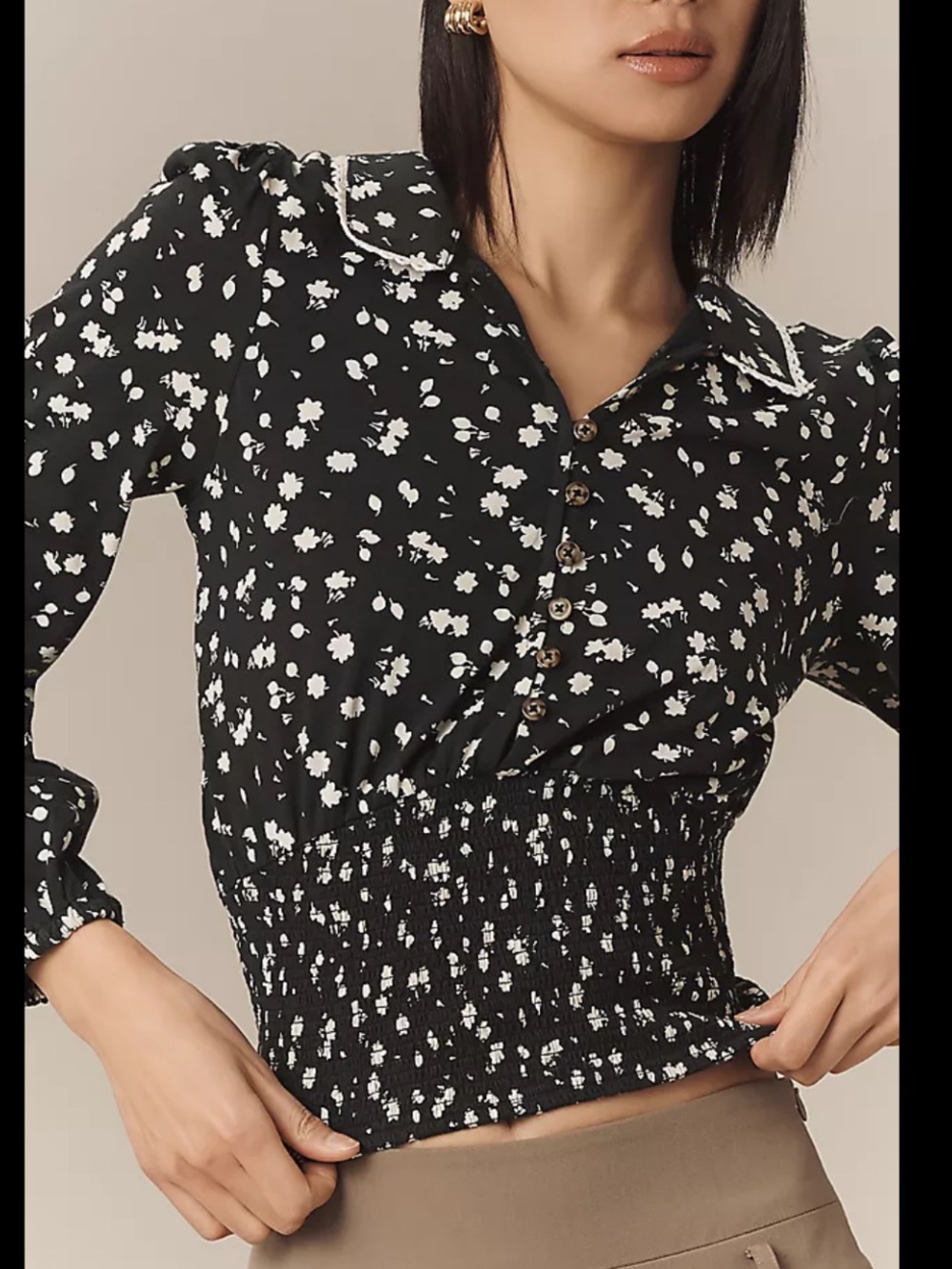 Anthropologie Maeve Black and White Floral Smocked Button-Down Blouse